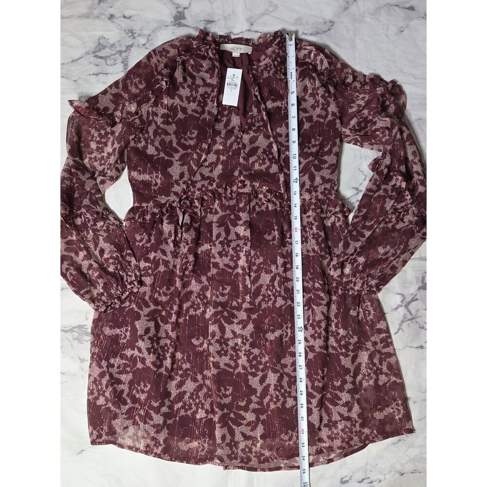 Loft Burgundy Floral Shimmer Ruffle Tie Neck Dress - Picture 3 of 7